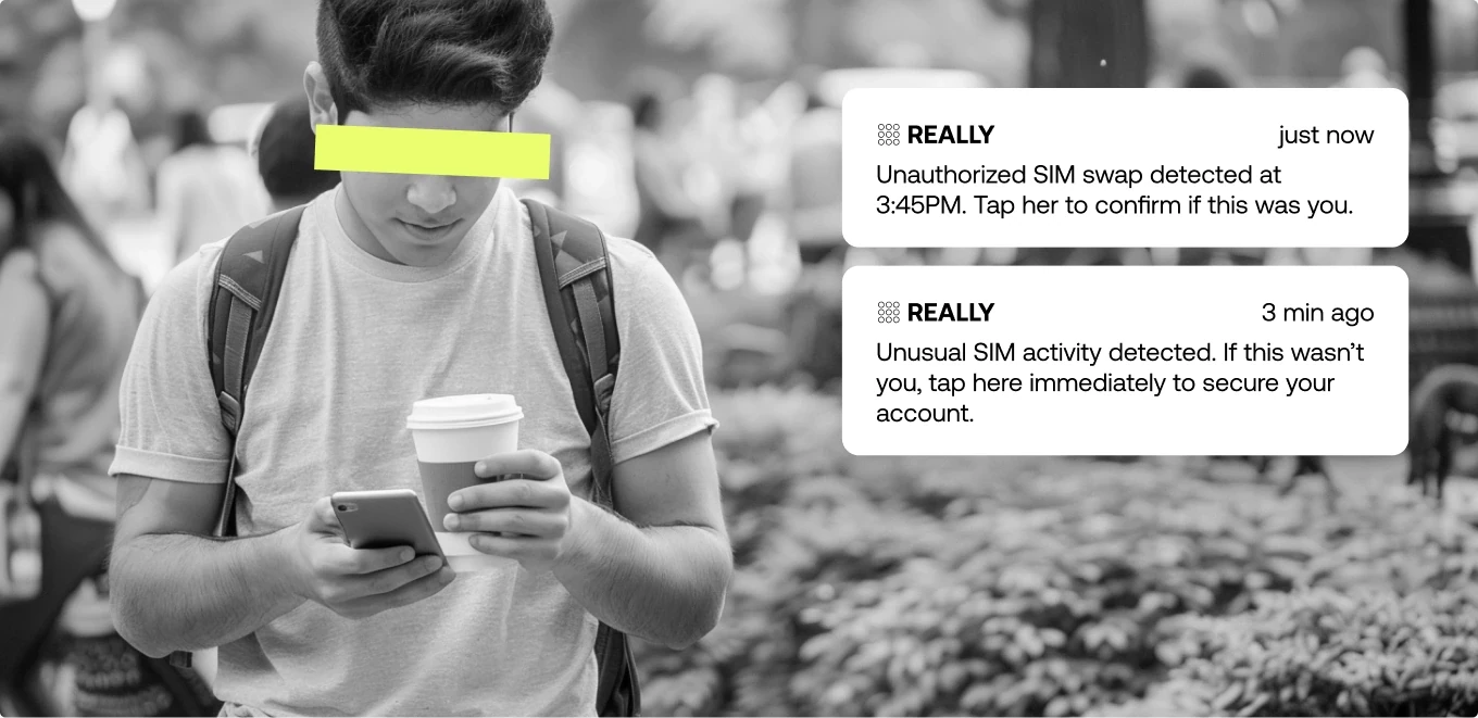 A person on their phone, overlaid with REALLY security-alert notifications